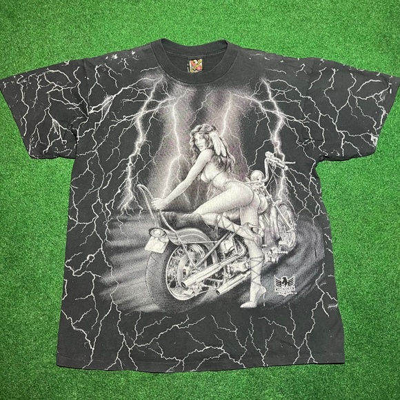 3d Other - Vintage 3D Emblem Biker Girl All Over Print Lightening Tshirt